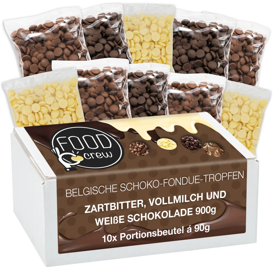 Schoko-Fondue Tropfen-Mix – Zartbitter, Vollmilch & Weiß